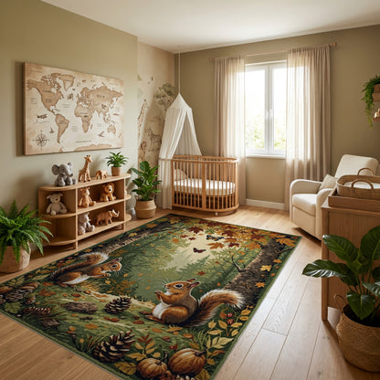 Whimsical Autumn Squirrels Forest Butterflies Rug