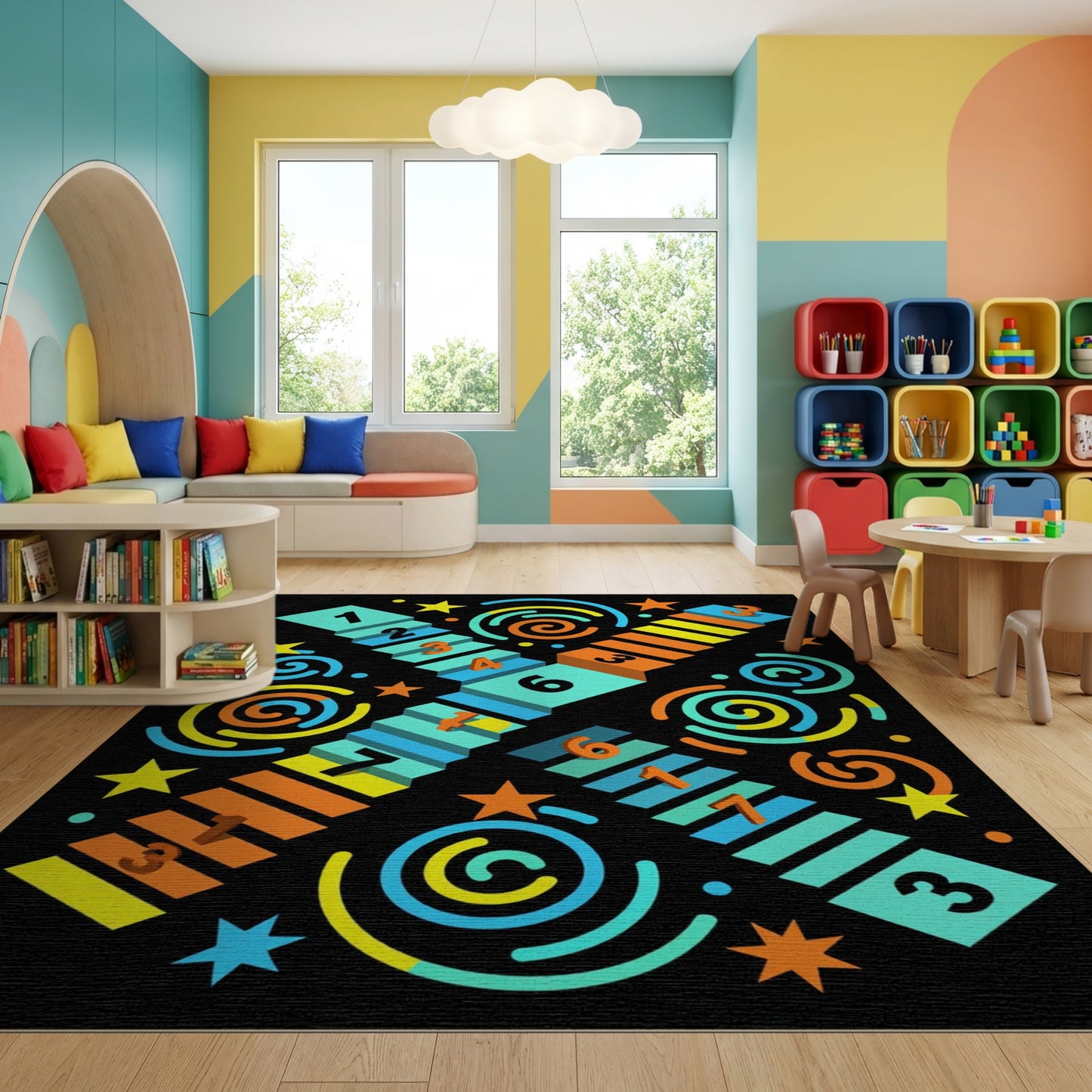 Playful Multicolor Numbered Circles Squares Rug