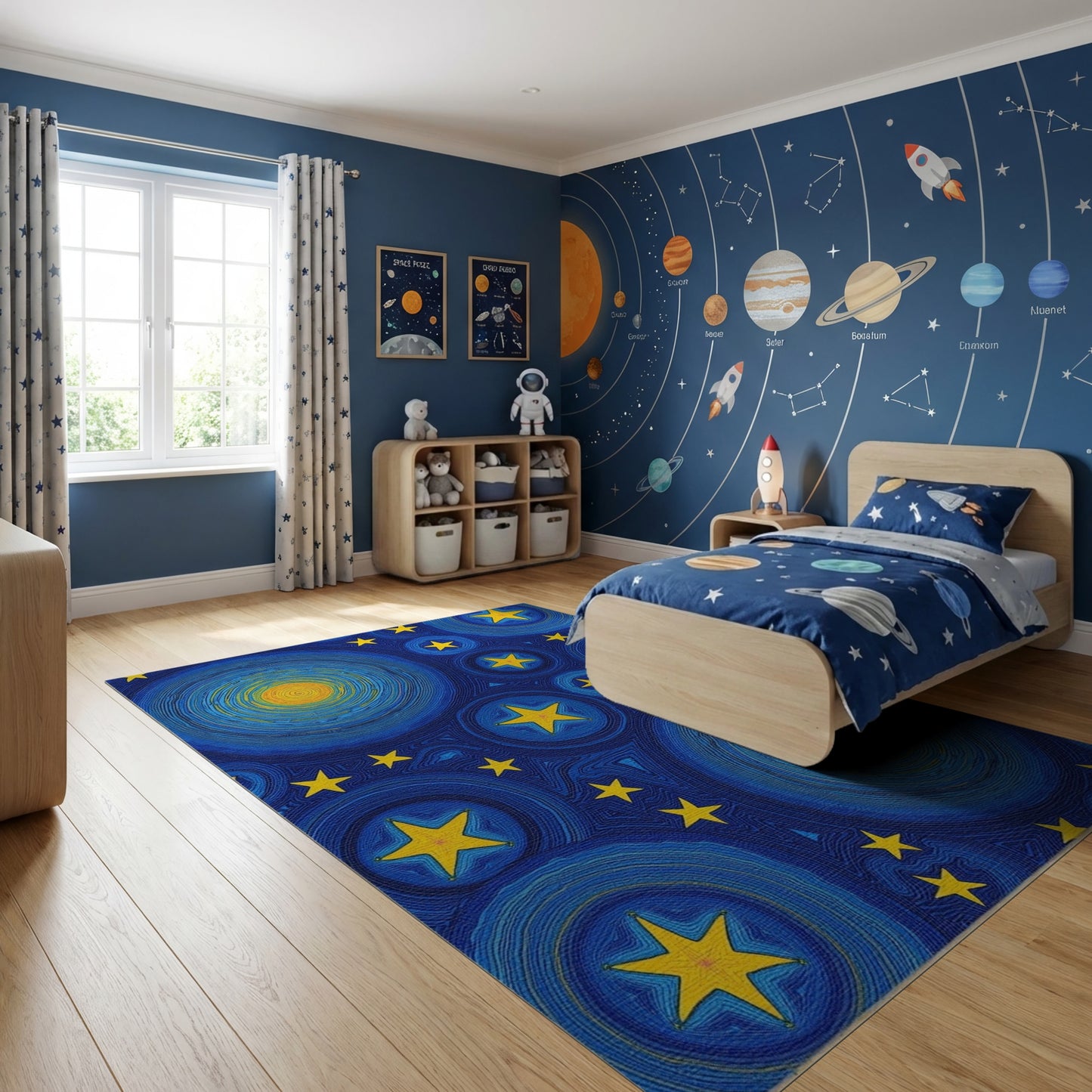 Navy Swirling Stars Yellow Spirals Rug