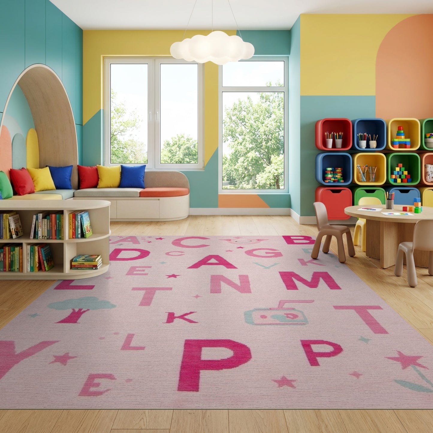 Playful Pink Alphabet Pig Stars Rug