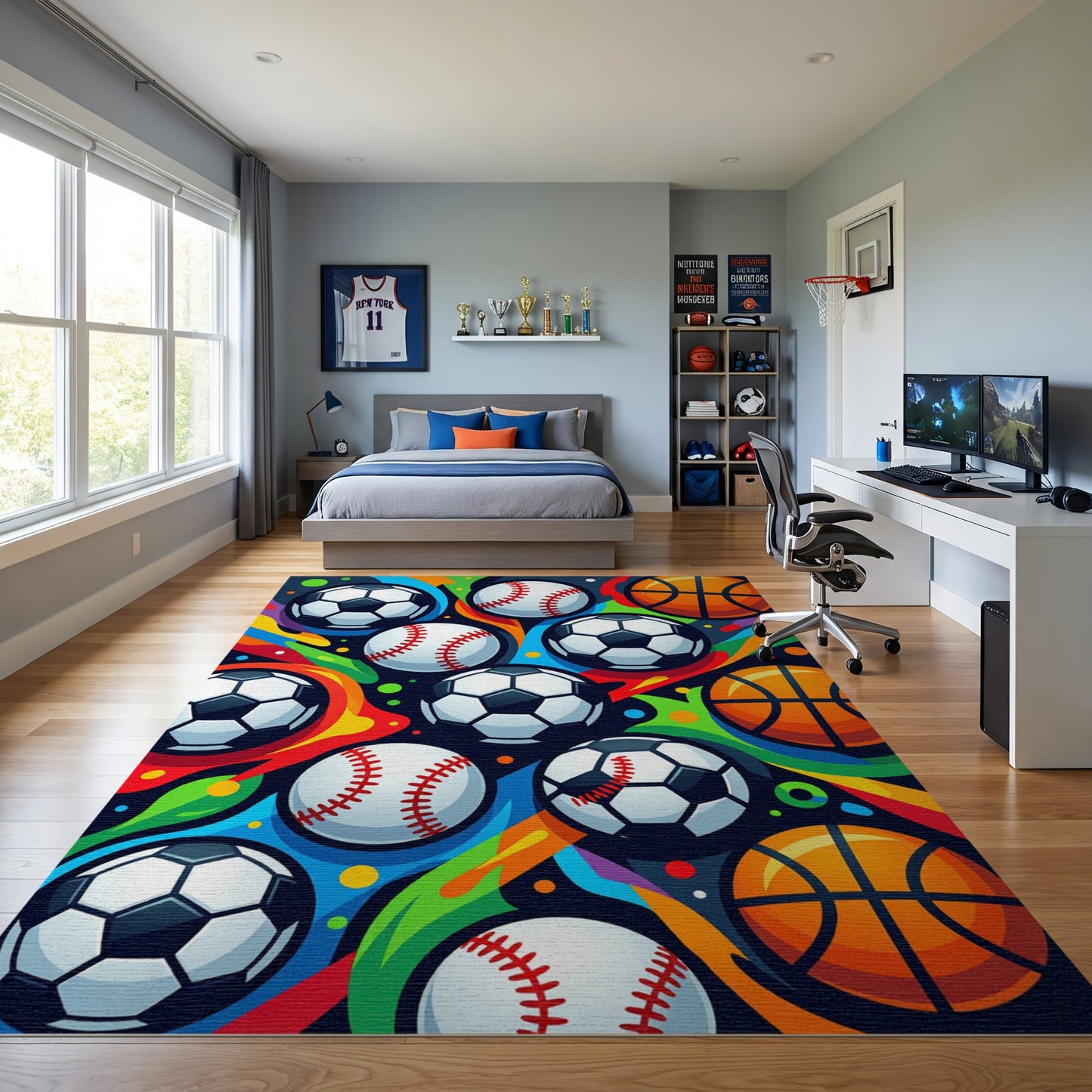 Vibrant Soccer Baseball Basketball Rainbow Rug
