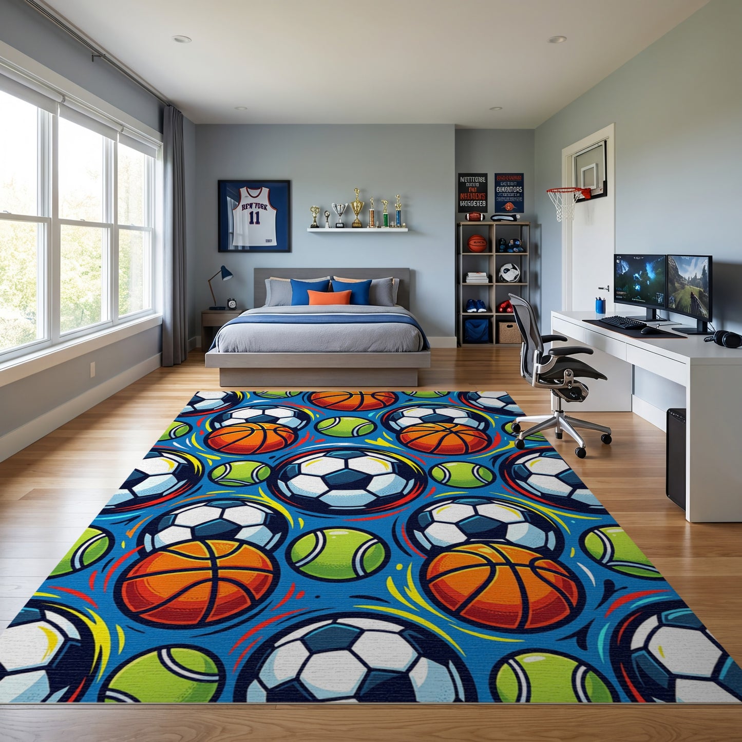 Vibrant Basketball Soccer Tennis Balls Rug