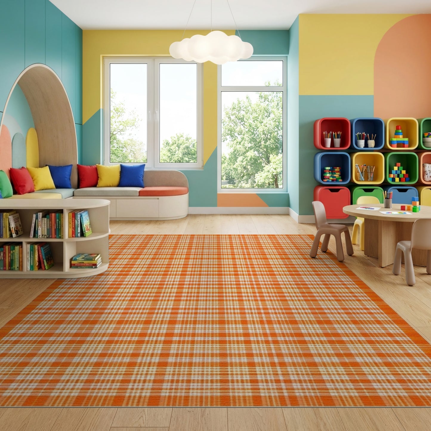 Vibrant Orange and White Plaid Rug