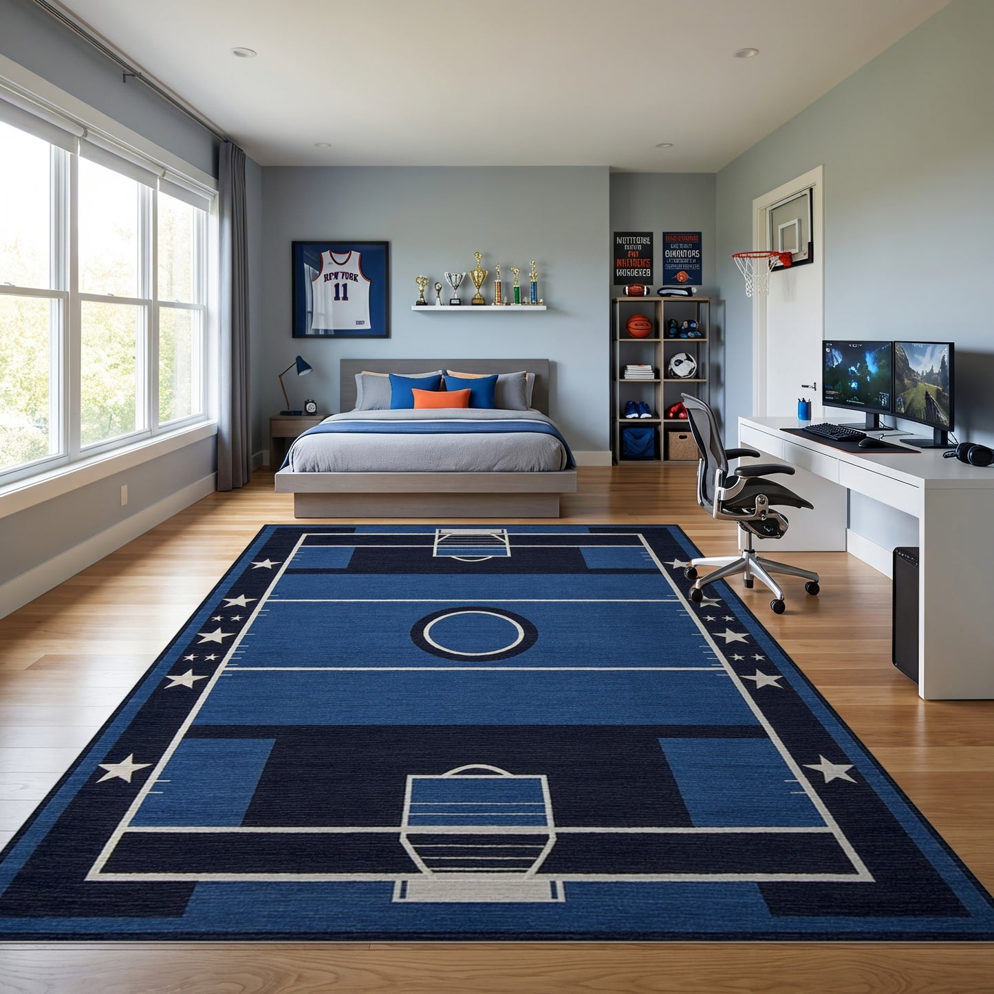 Navy Basketball Court Hoops Stars Rug