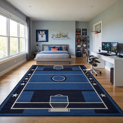 Navy Basketball Court Hoops Stars Rug
