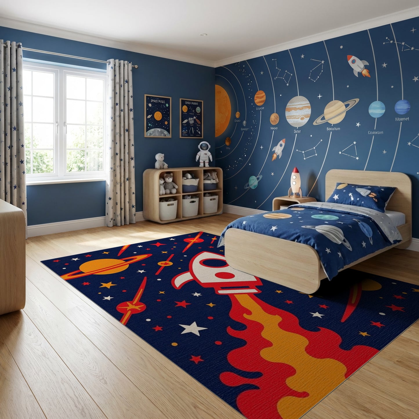 Whimsical Cosmic Rocket Stars Rug