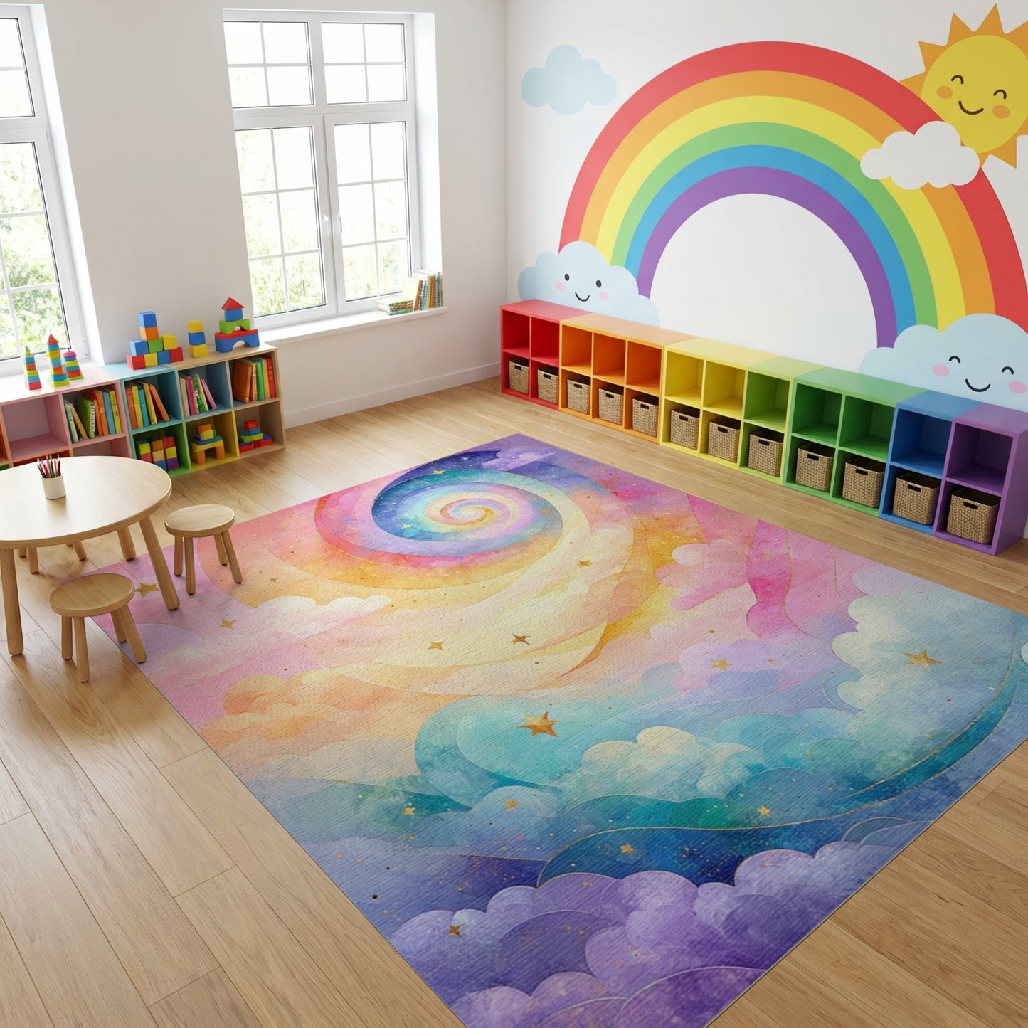 Dreamy Rainbow Spiral Stars Clouds Rug