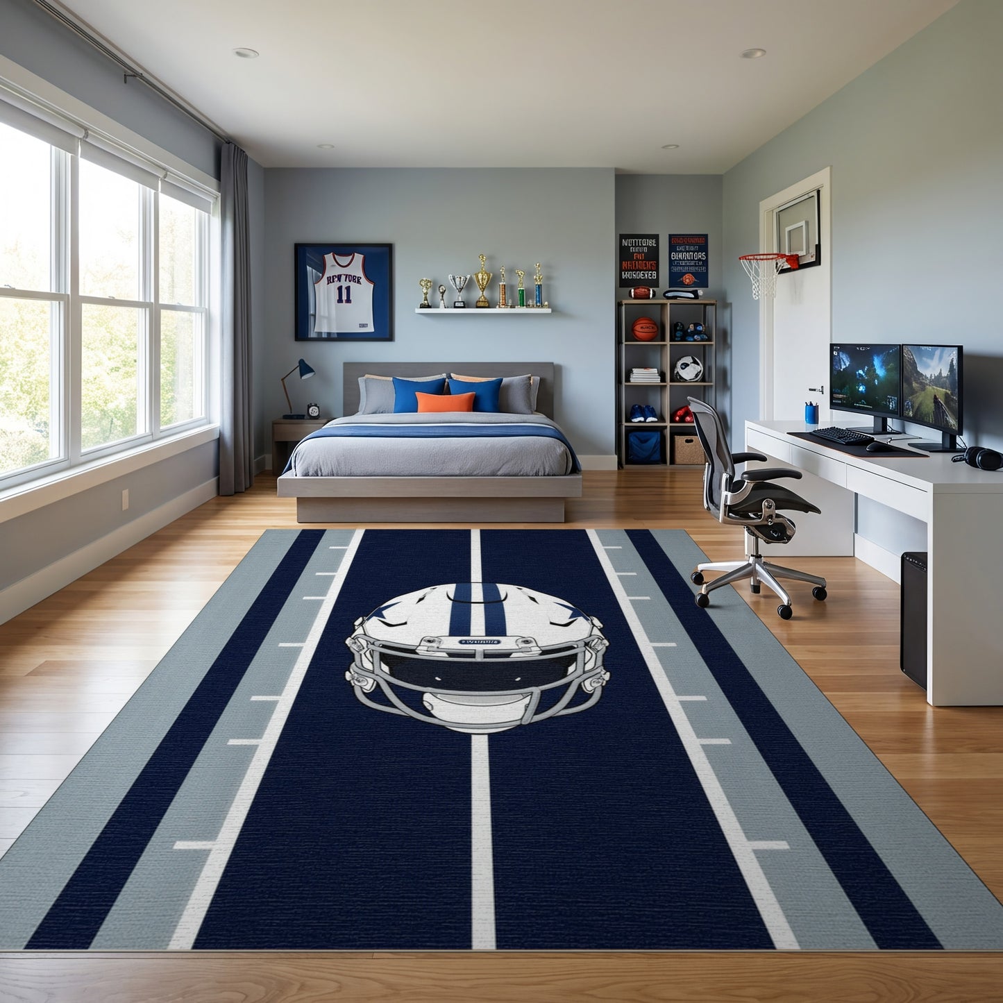 Navy White Striped Football Helmet Rug