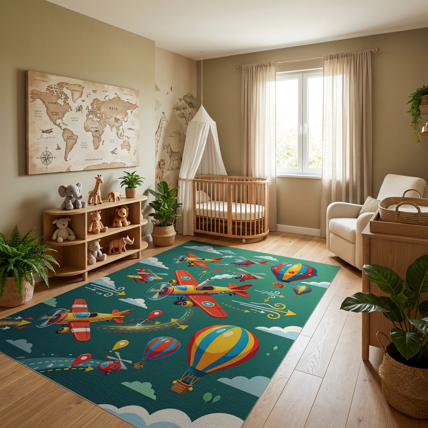 Colorful Whimsical Airplanes Balloons Helicopters Rug