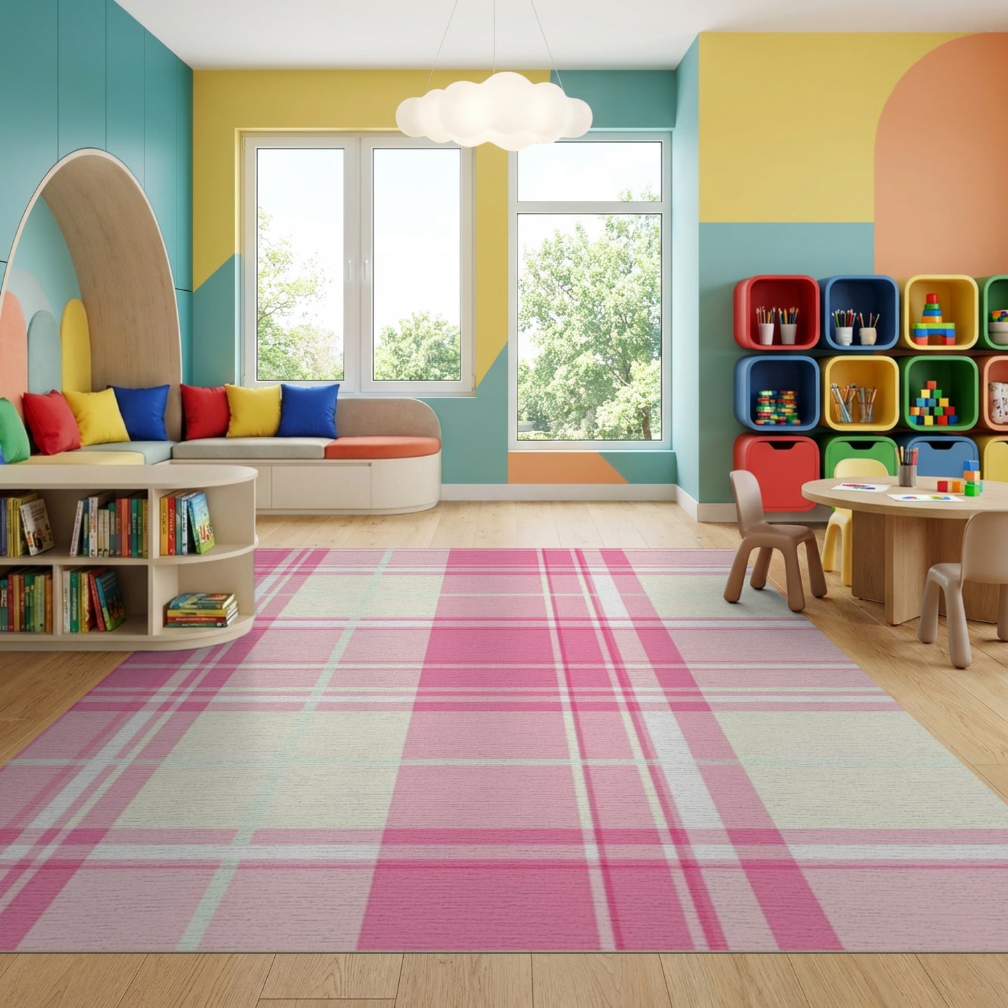 Soft Pastel Pink Mint Plaid Rug