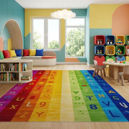 Vibrant Rainbow Alphabet Stripes Rug