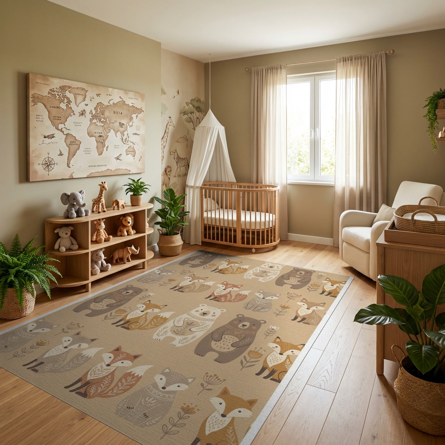 Earthy Bear Fox Floral Whimsical Rug