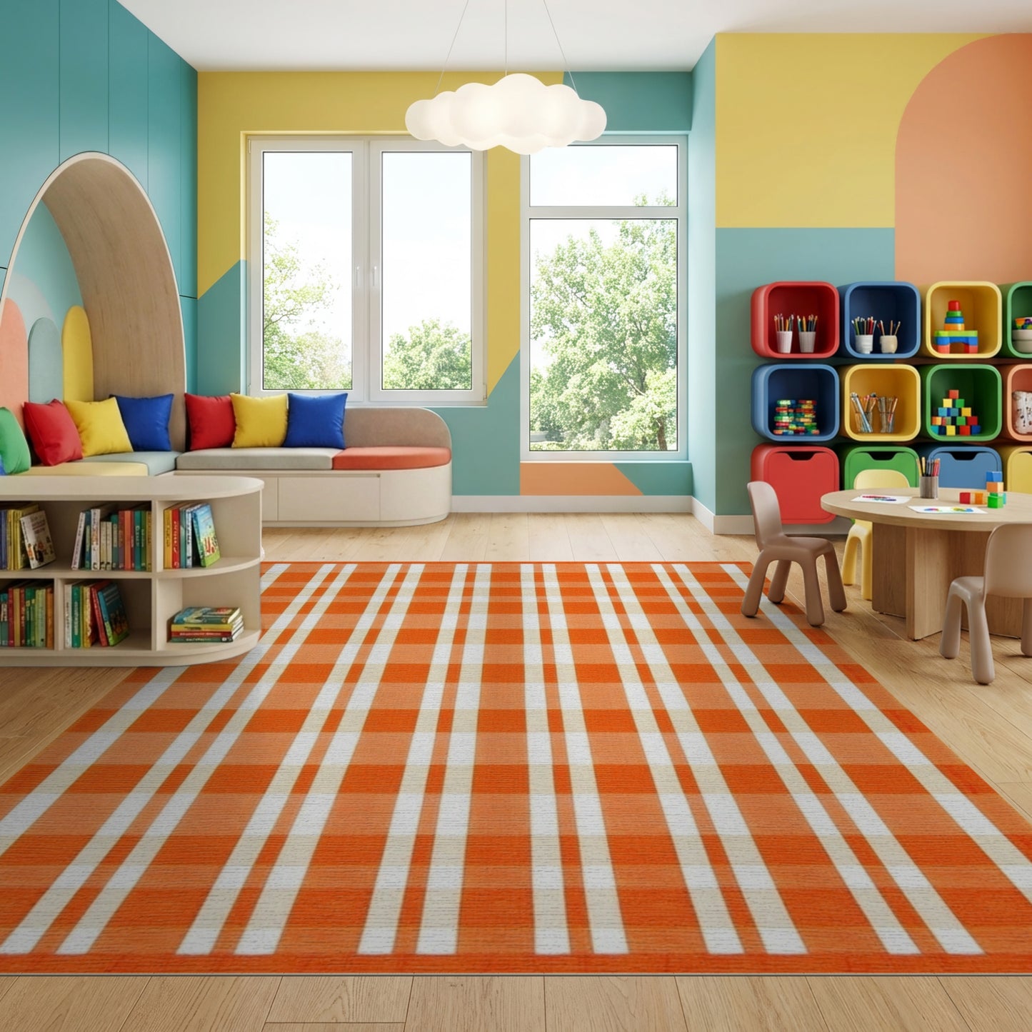 Bold Orange White Checkered Pattern Rug