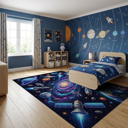 Vibrant Neon Cosmic Galaxy Astronauts Rug