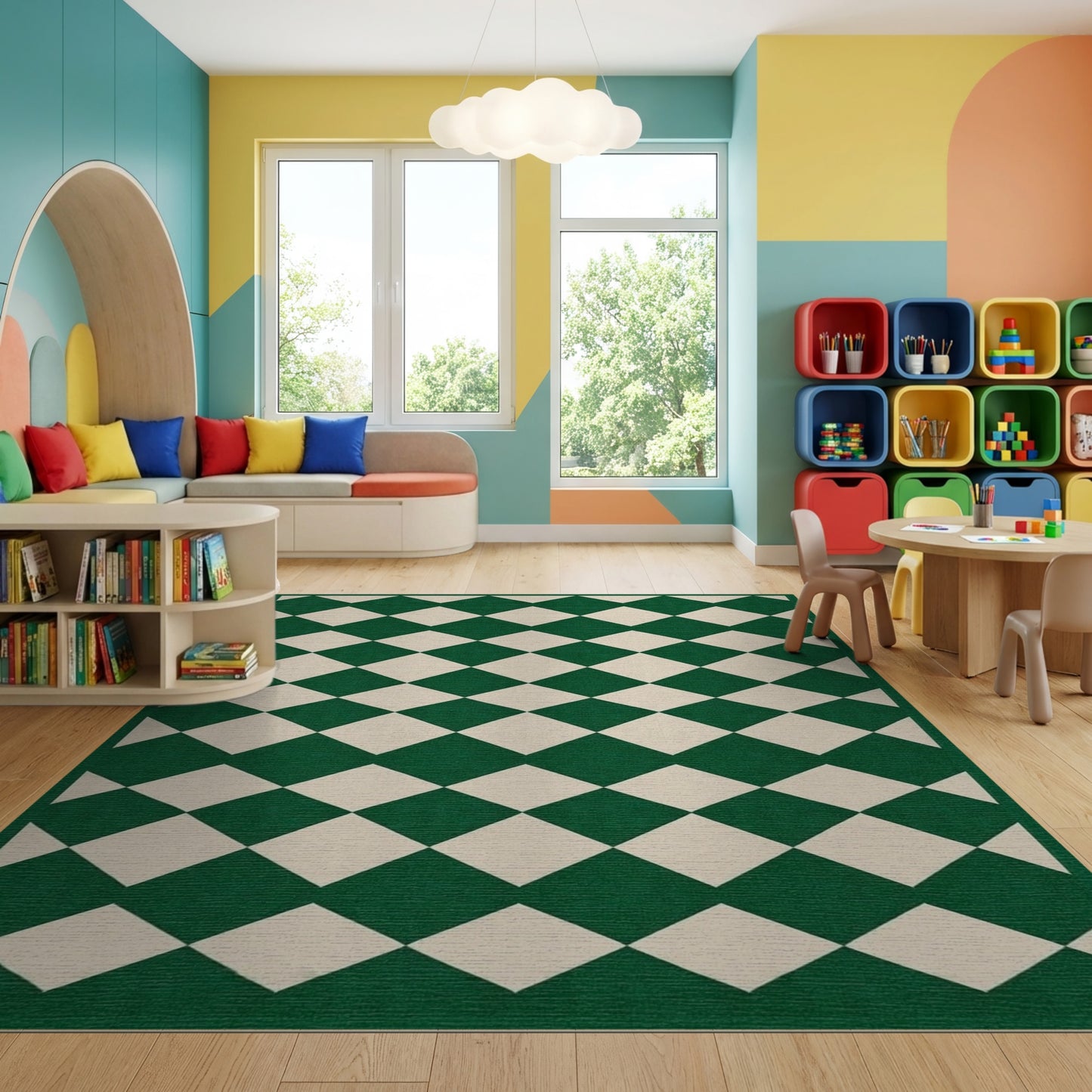 Emerald Green Ivory Harlequin Rug