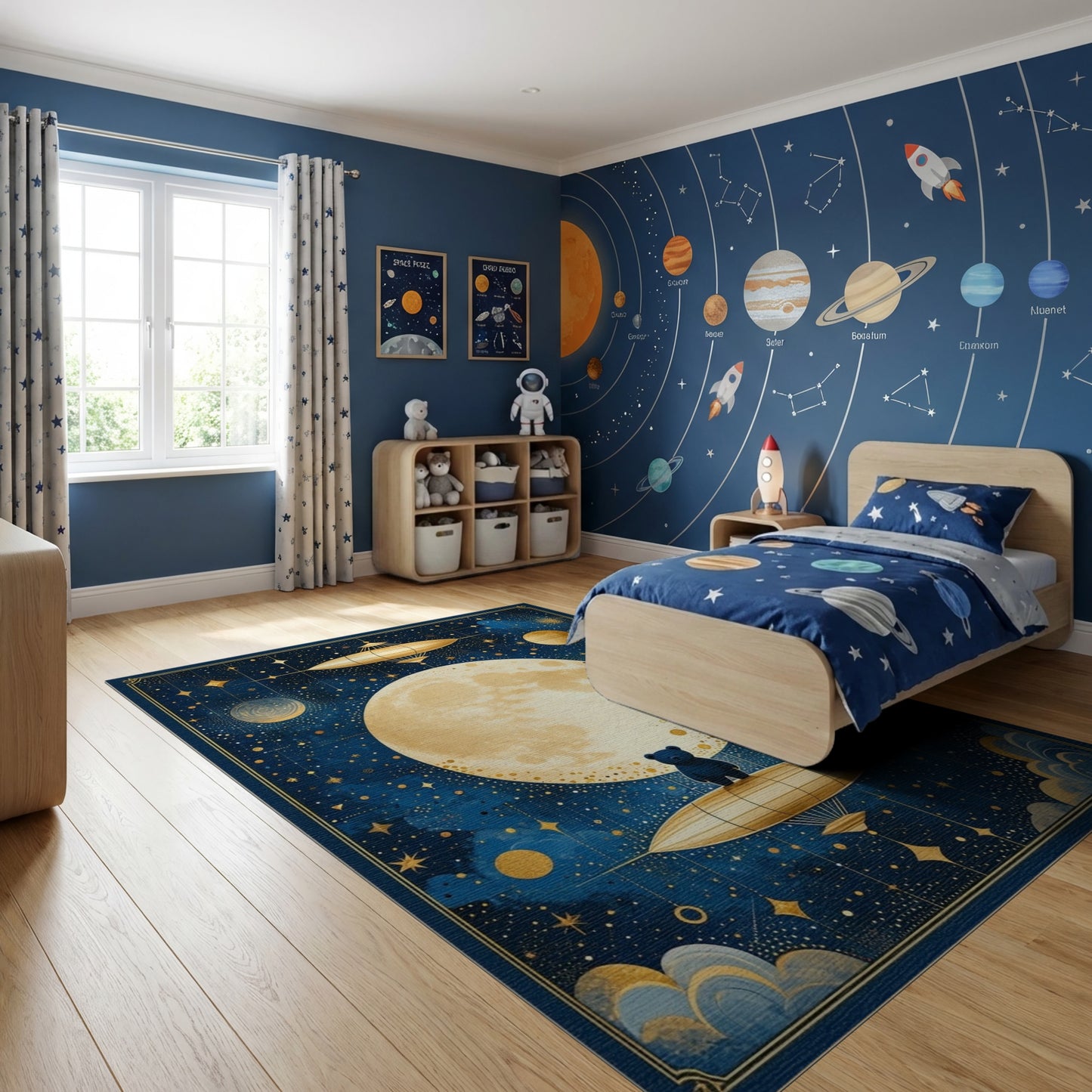 Navy Starry Golden Moon Bear Airship Rug