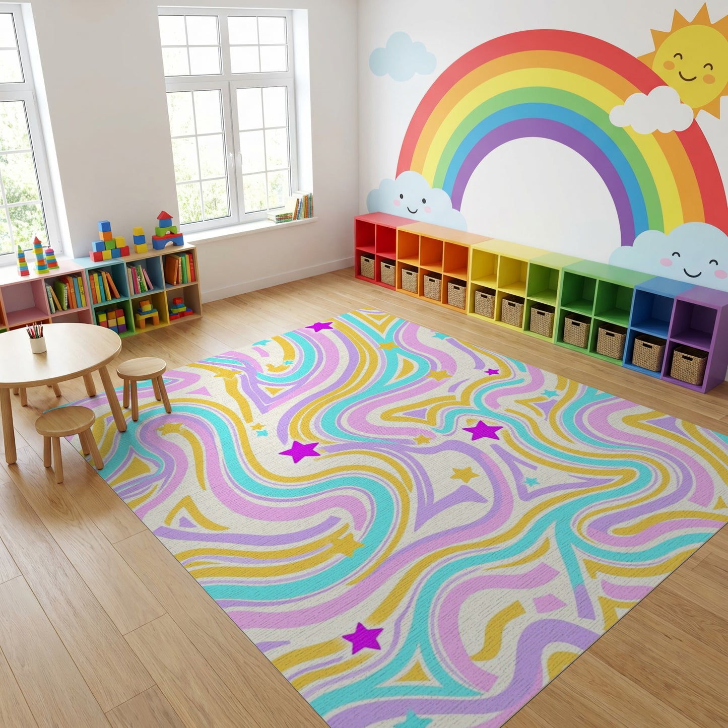 Retro Groovy Pastel Wavy Stars Rug