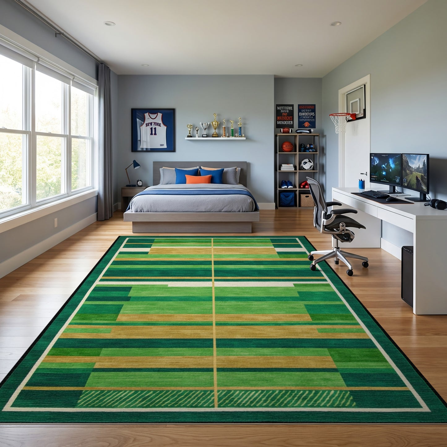 Modern Green Gold Striped Geometric Rug