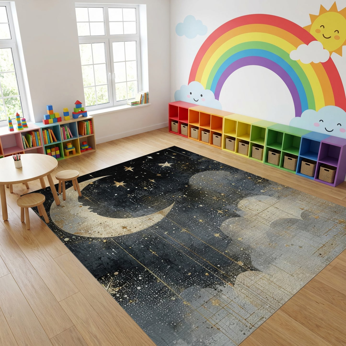 Mystical Golden Moon Stars Clouds Rug