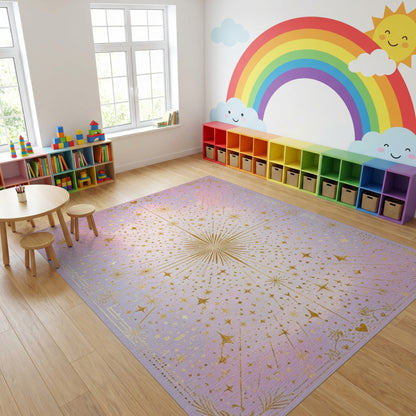 Radiant Golden Starburst Starry Purple Rug
