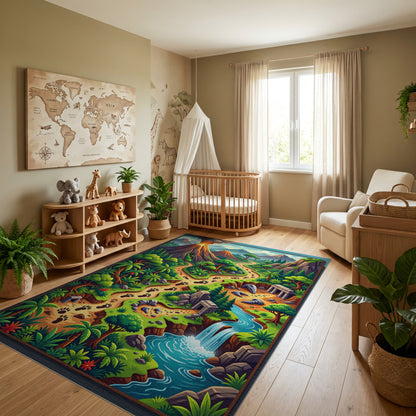 Vibrant Jungle Paw Path Volcano Ruins Rug