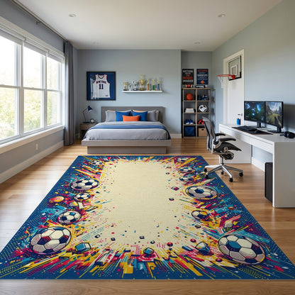 Vibrant Explosive Soccer Balls Rug
