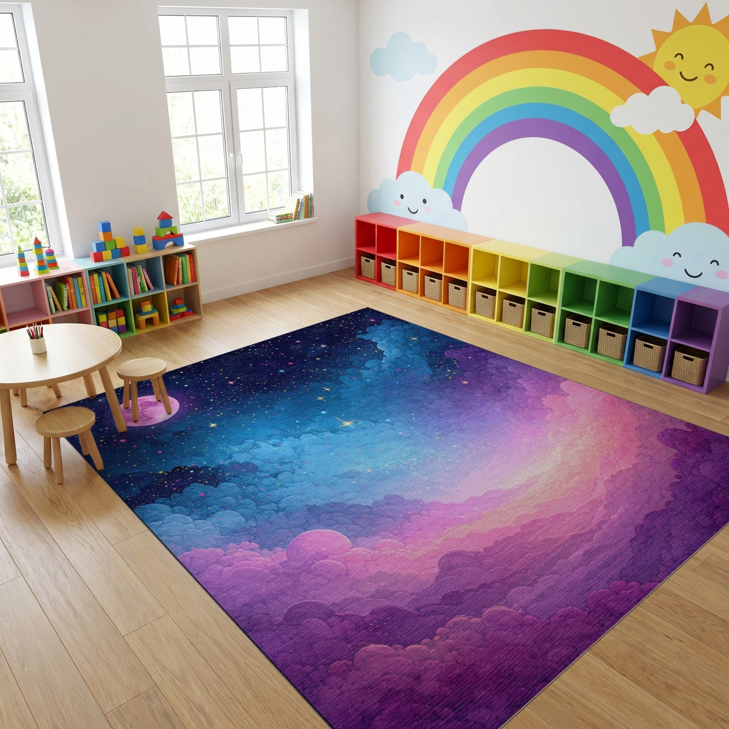 Dreamy Pink Moon Starry Clouds Rug