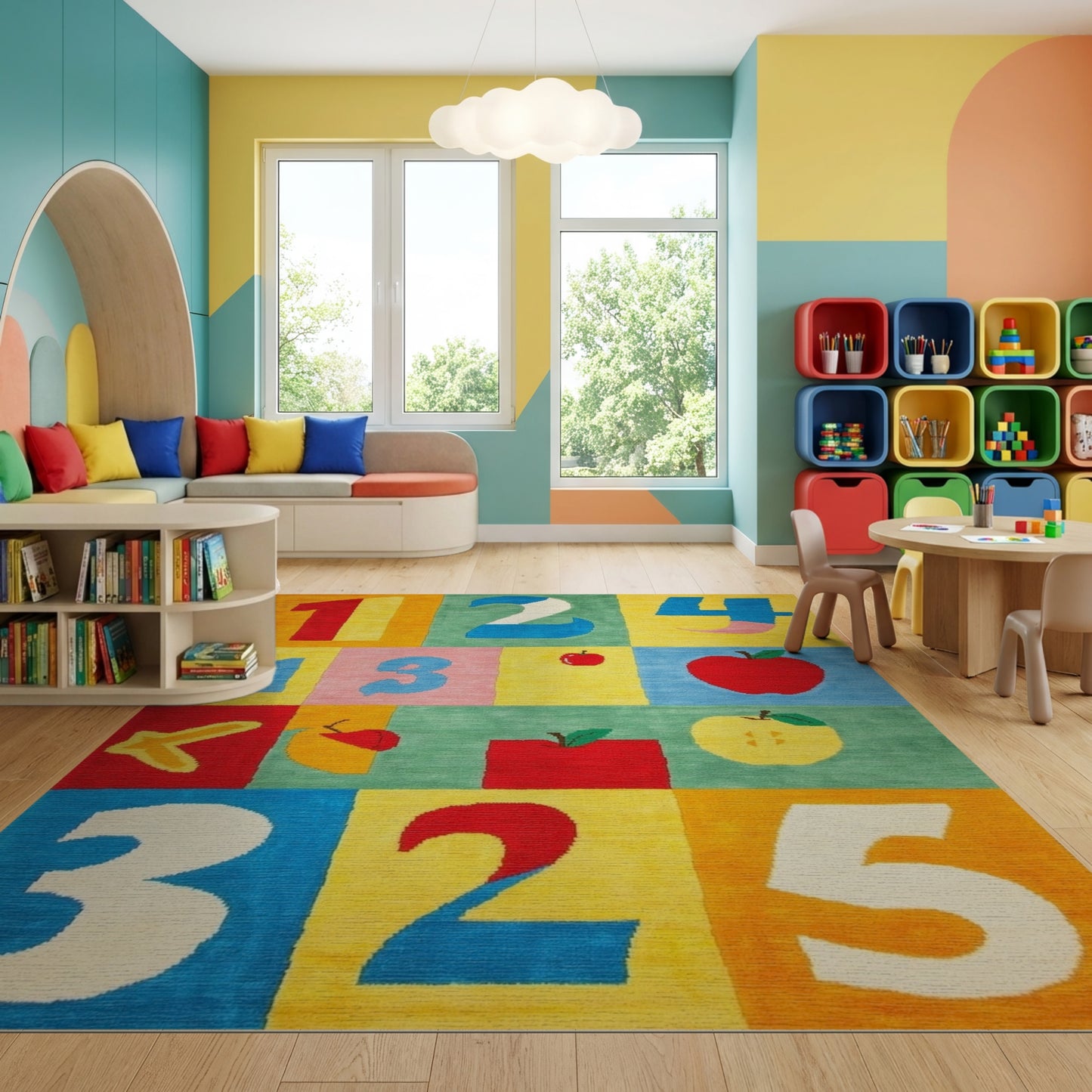 Playful Color Block Numbers Apples Rug