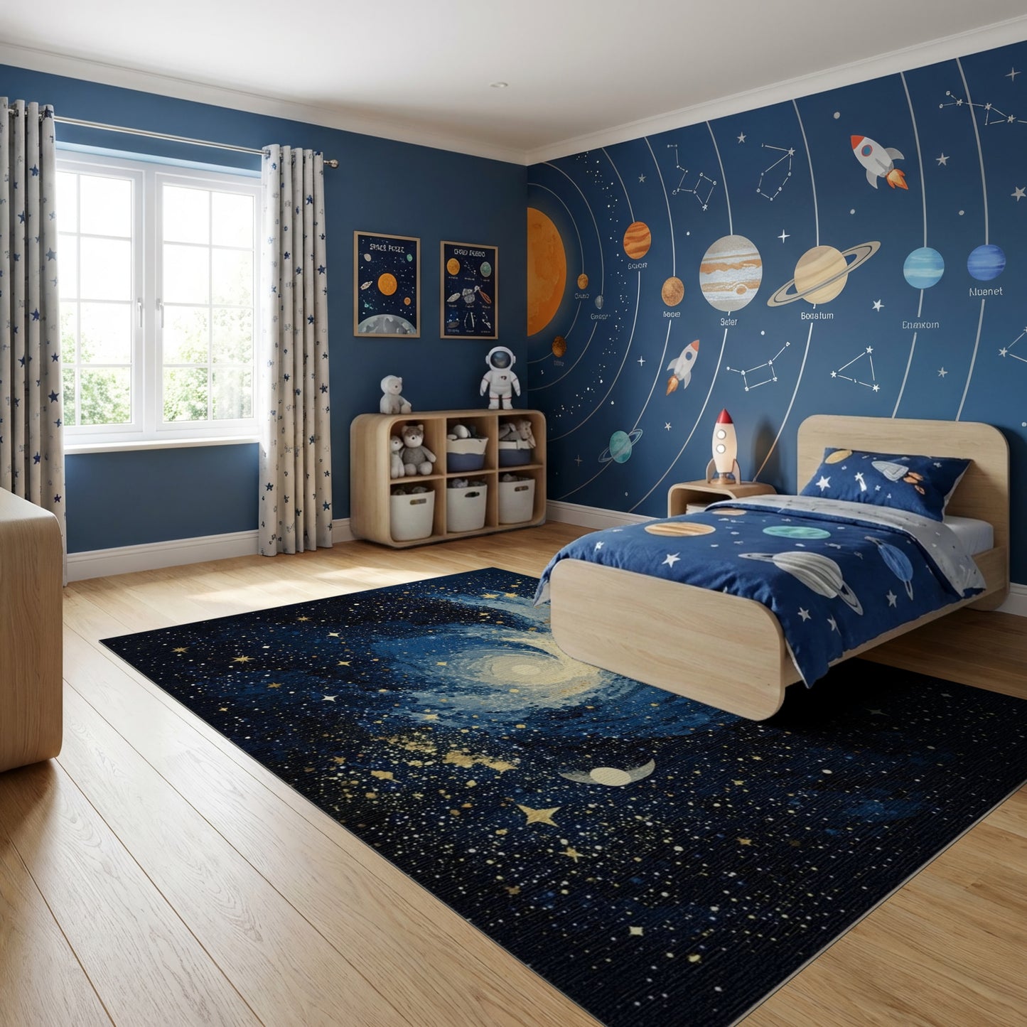 Navy Galaxy Swirl Stars Moon Rug