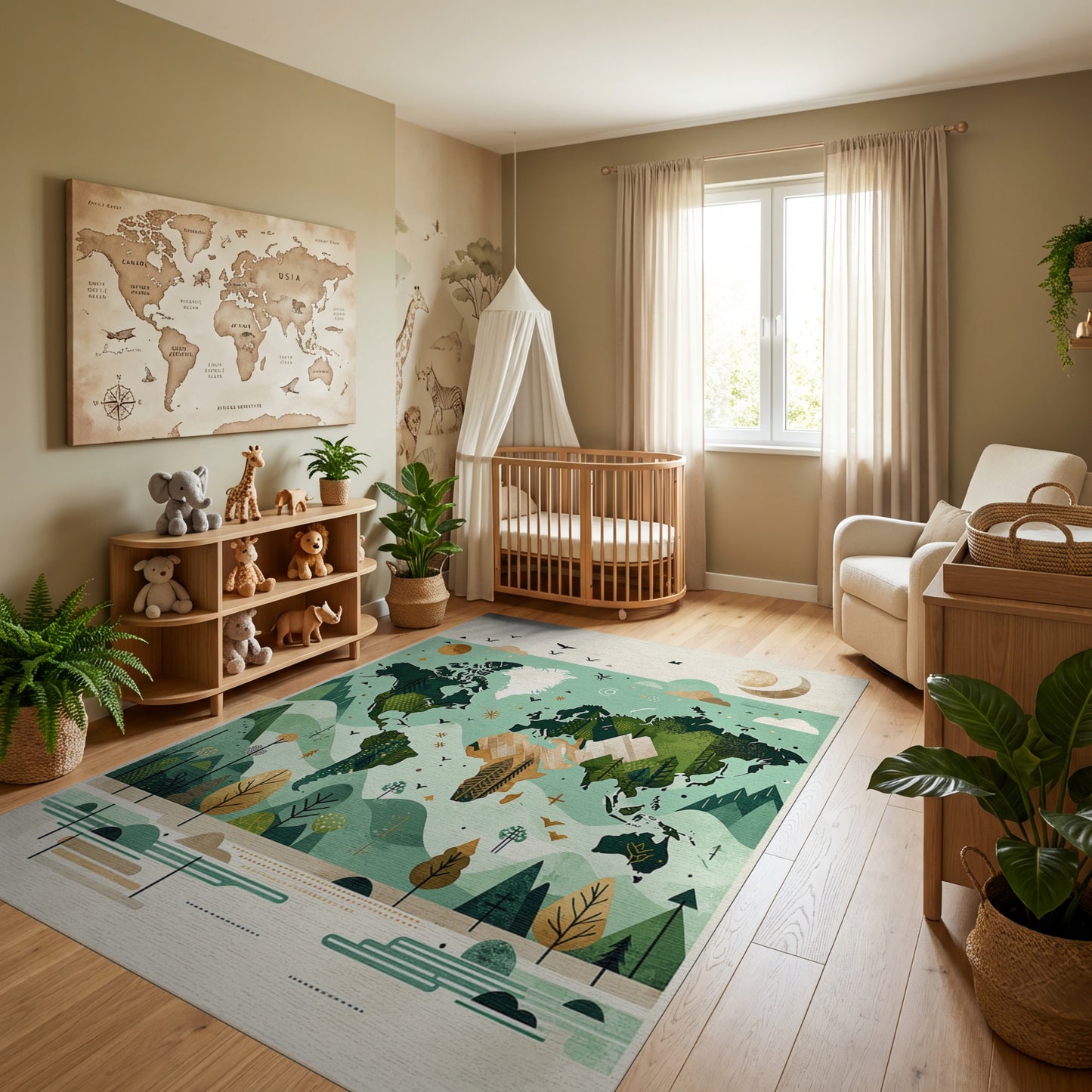 Teal World Map Forest Mountains Rug
