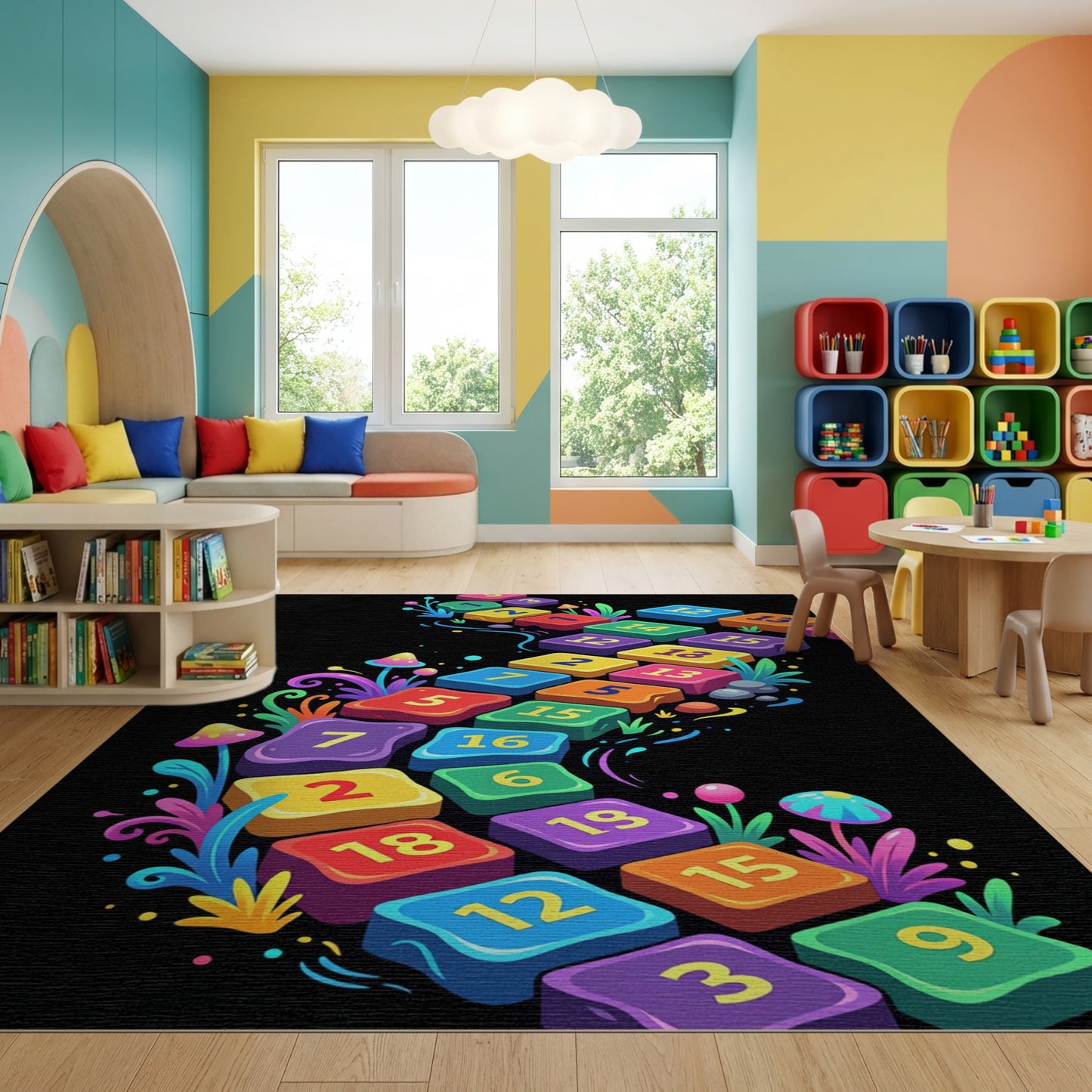 Vibrant Wavy Numbered Mushroom Path Rug