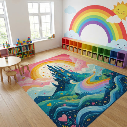 Whimsical Castle Rainbow Hearts Rug