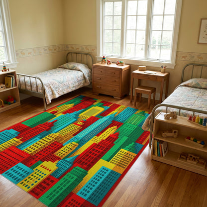 Vibrant Colorful City Skyline Rug
