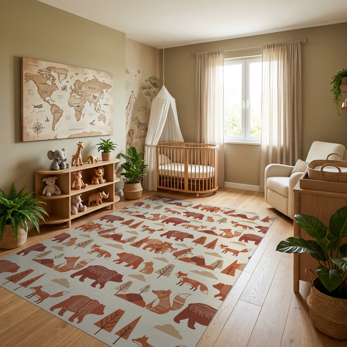 Whimsical Rust Fox Bear Forest Rug