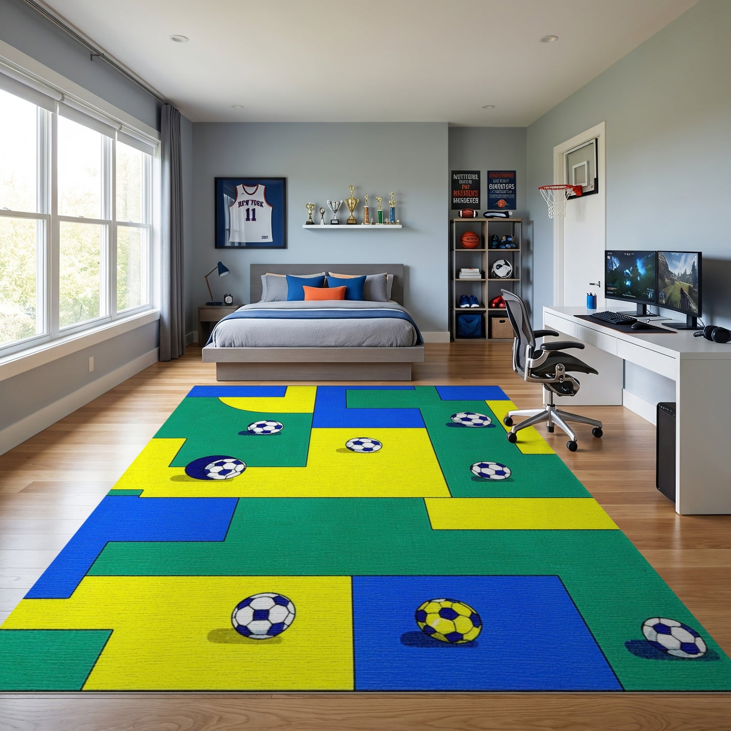 Vibrant Color Block Soccer Ball Rug