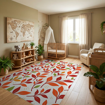 Vibrant Red Orange Green Leaves Rug