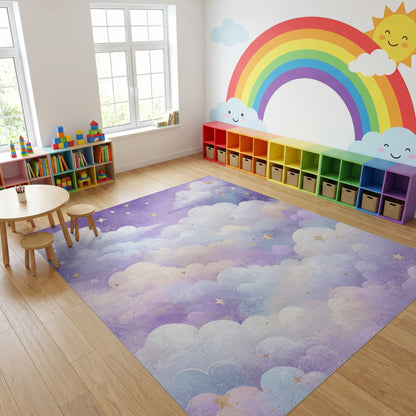 Dreamy Purple Clouds Golden Stars Rug