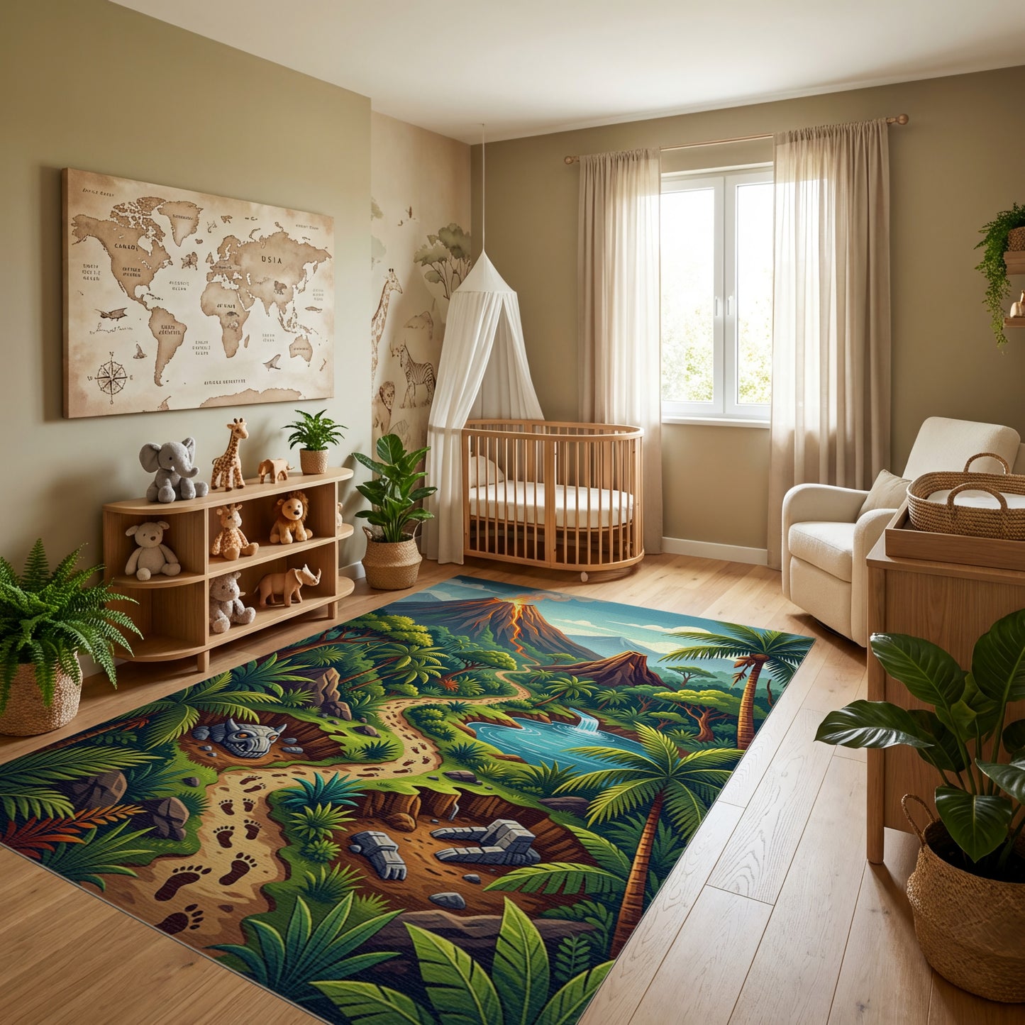 Vibrant Jungle Volcano Dino Path Rug