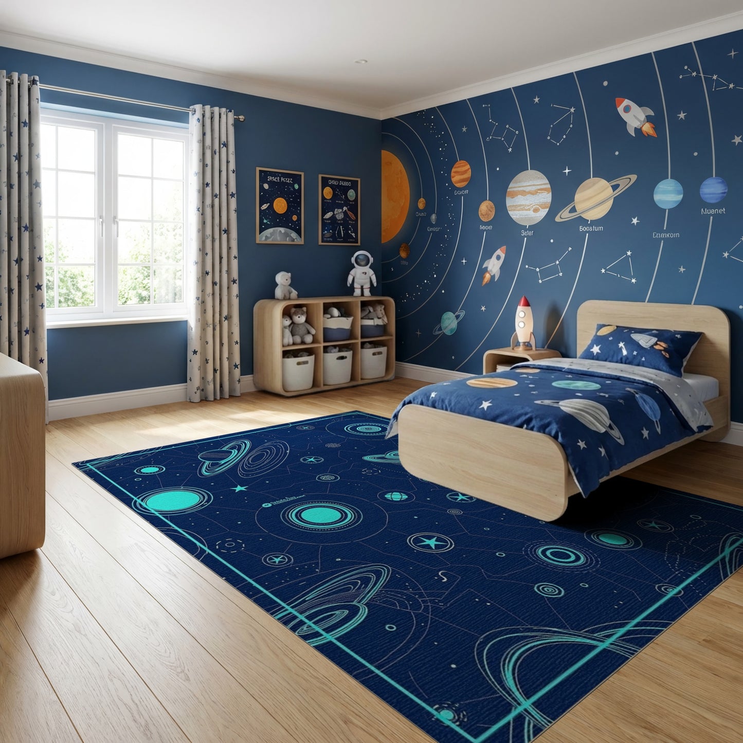 Navy Cyan Planets Rings Stars Rug