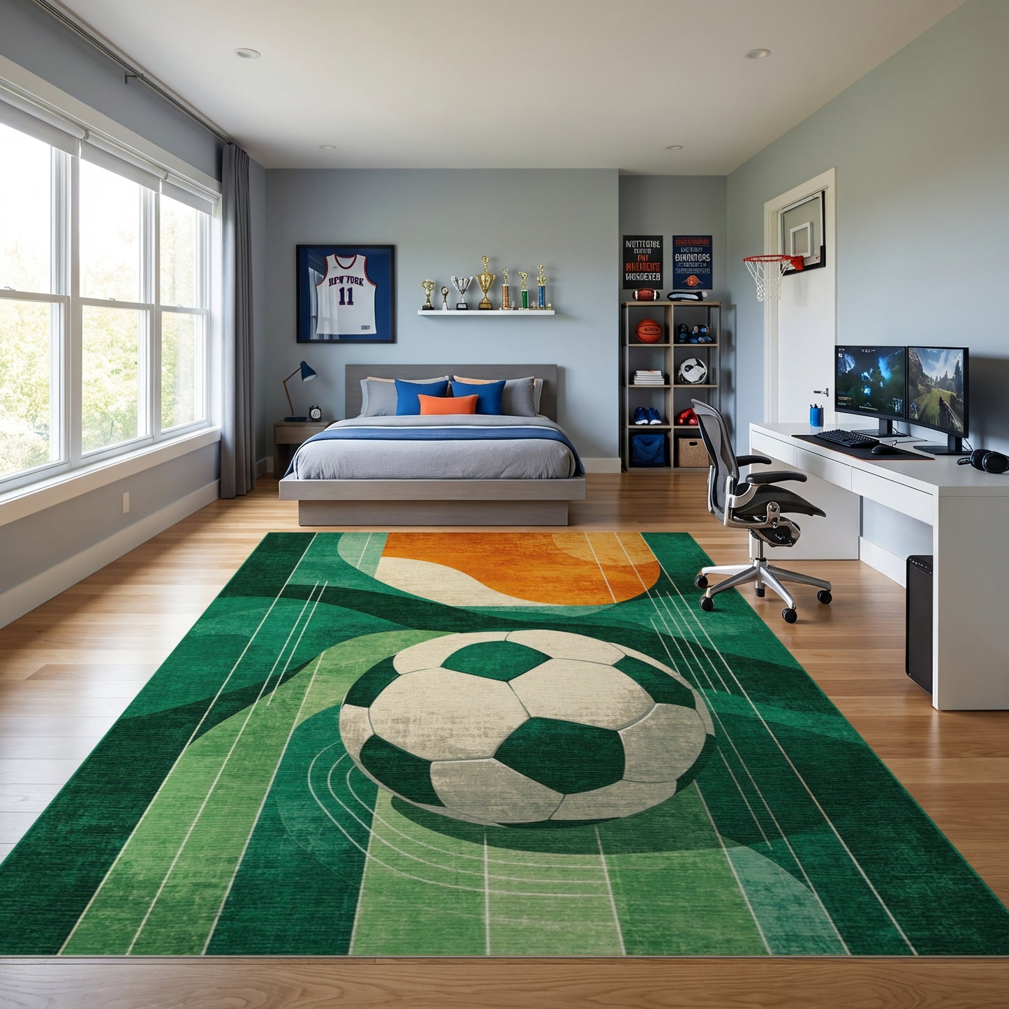 Retro Green Orange Soccer Ball Rug