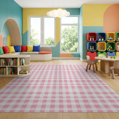 Pink White Gingham Checkered Rug