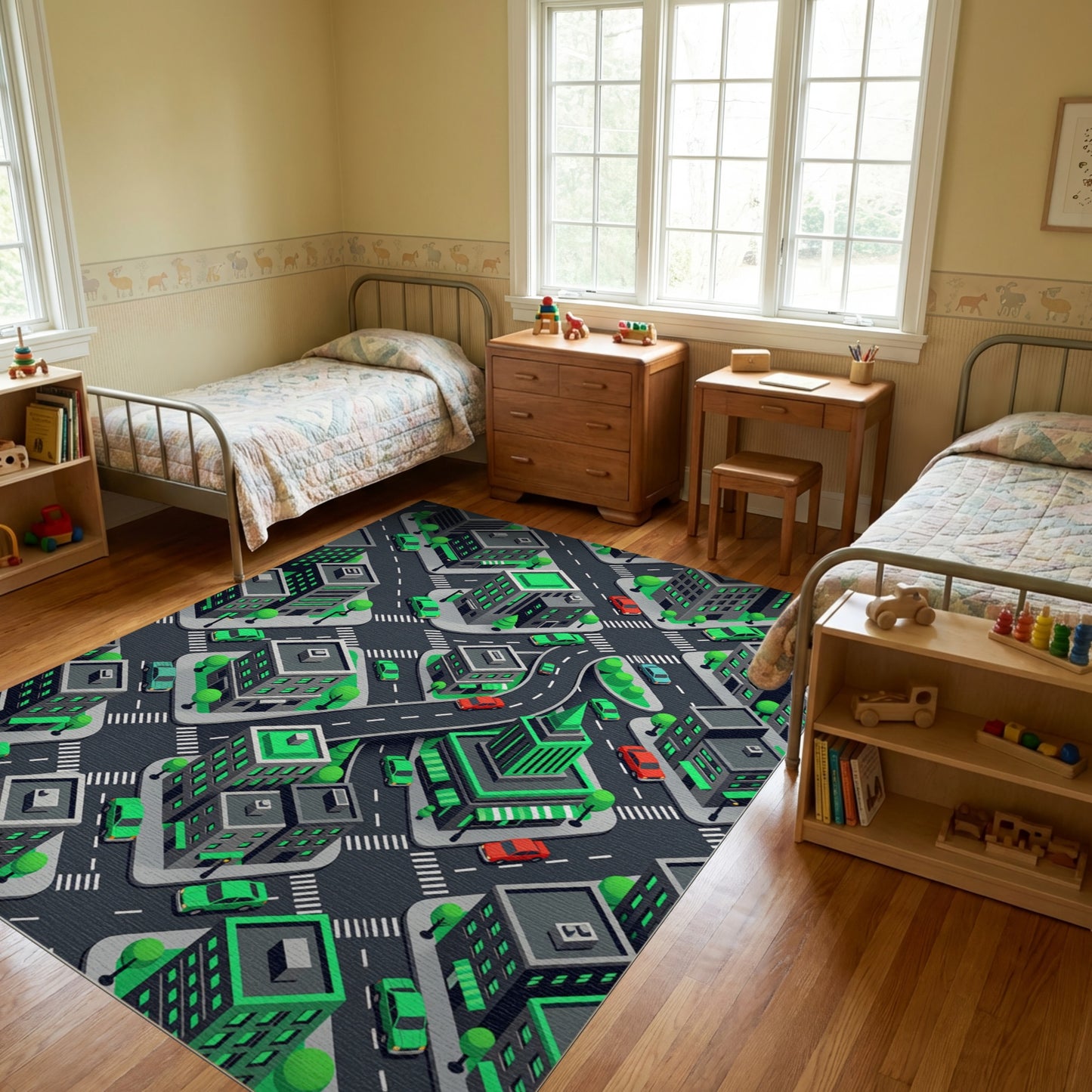 Modern Isometric Green City Grid Rug