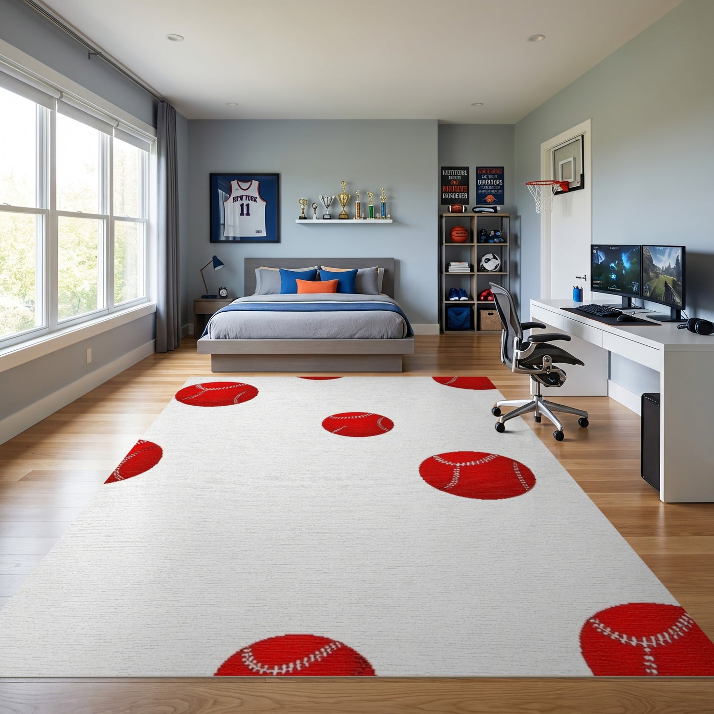 Scattered Red Stitched Baseballs Playful Rug