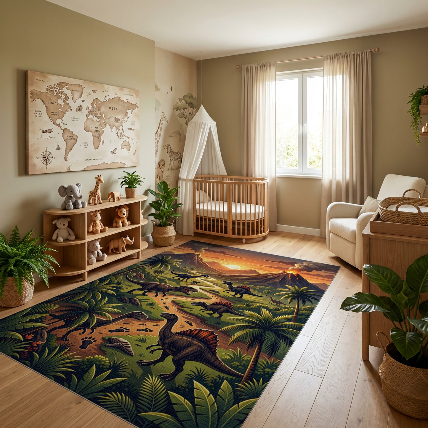 Vibrant Dinosaur Volcano Tropical Sunset Rug