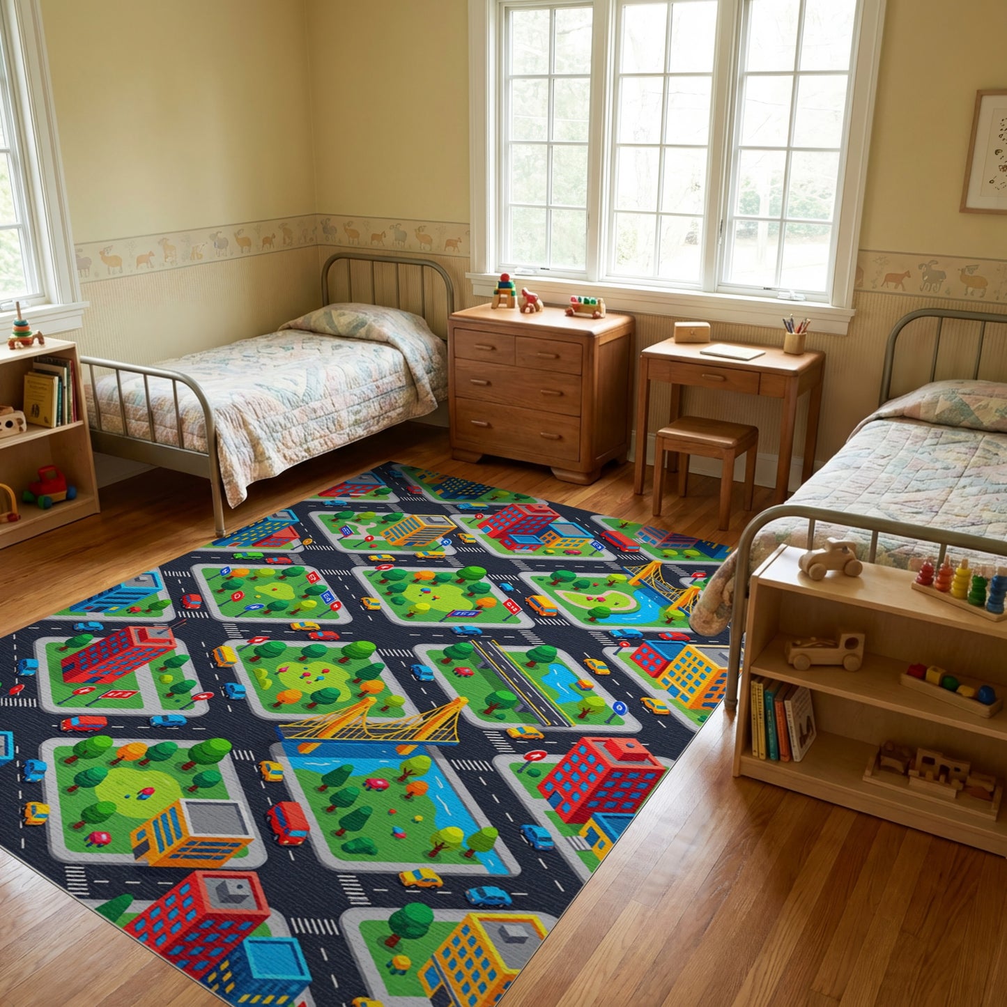 Colorful Isometric City Parks Bridge Rug