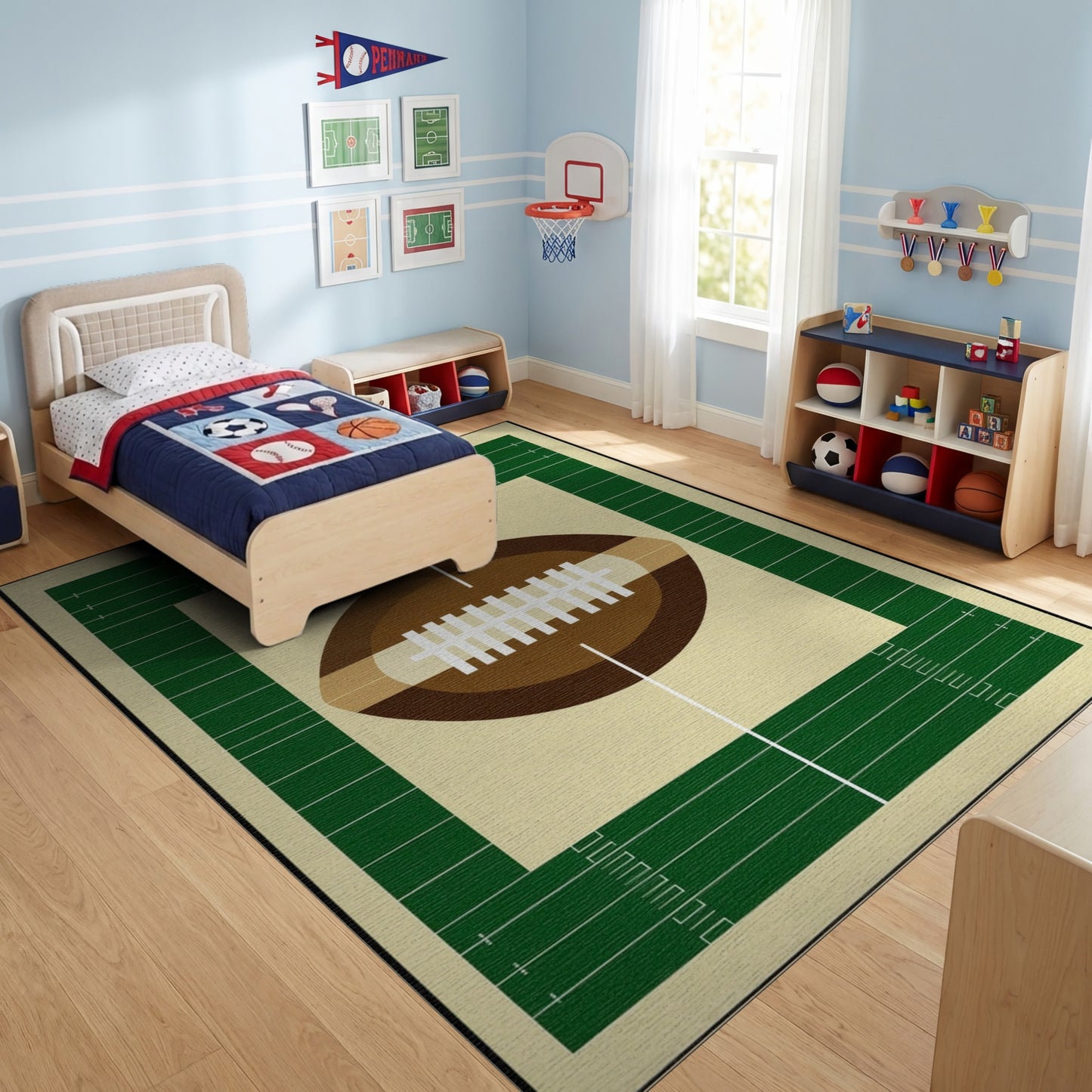 Green Yard Lines Football Design Rug