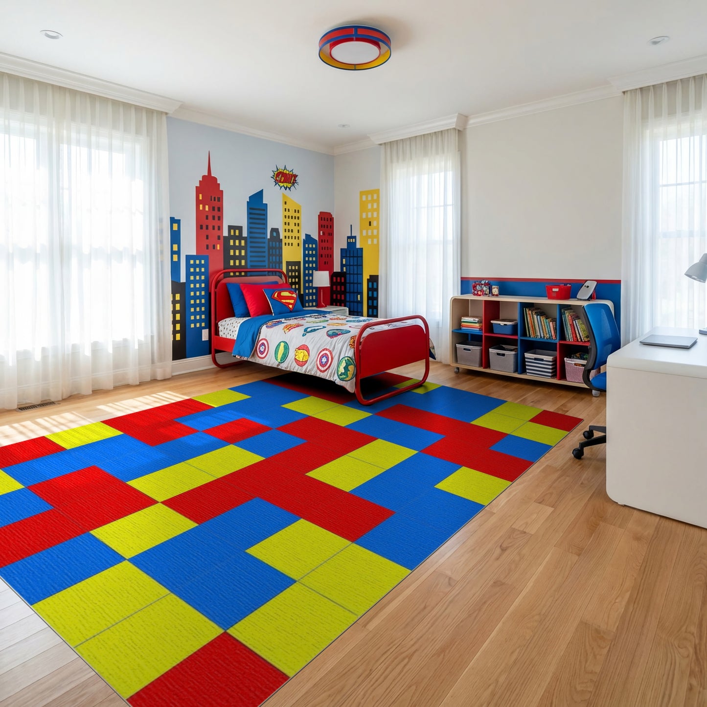 Bold Red Blue Yellow Block Rug