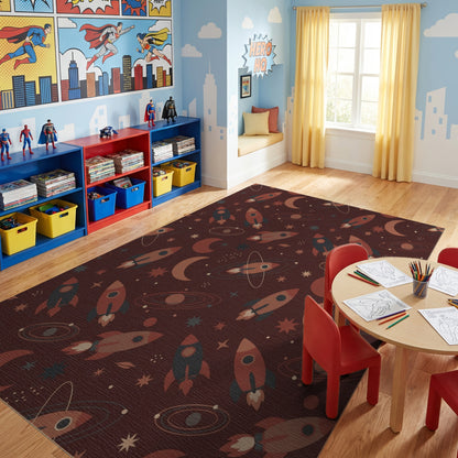 Maroon Cosmic Rocket Moon Star Rug