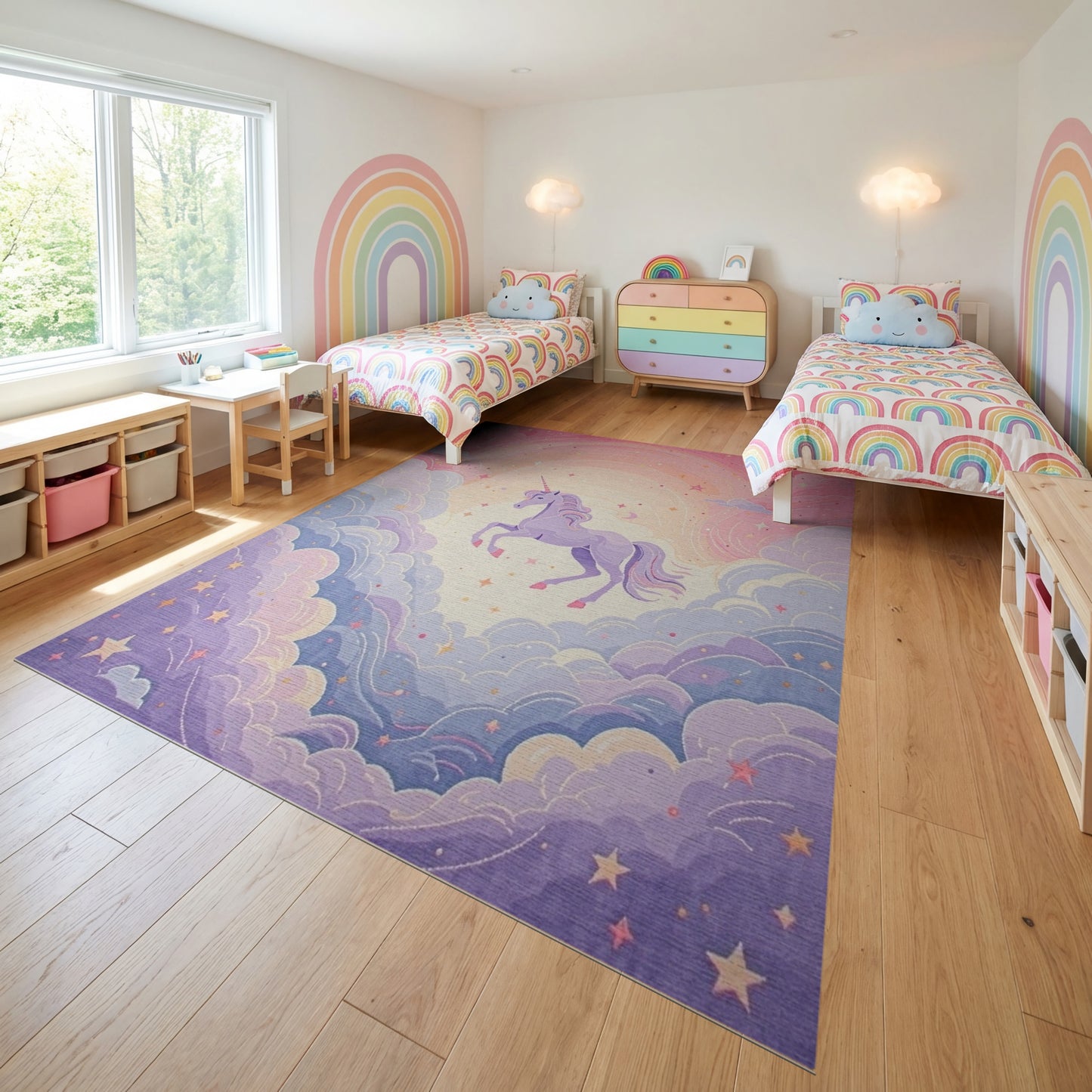 Whimsical Unicorn Clouds Stars Moon Rug