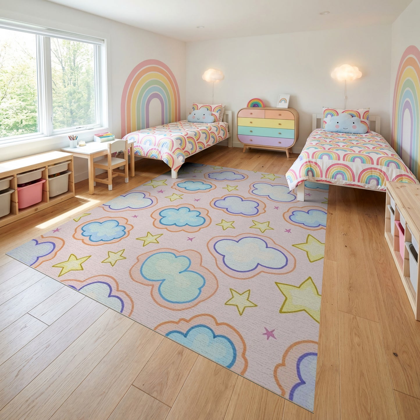 Playful Pink Clouds and Stars Rug